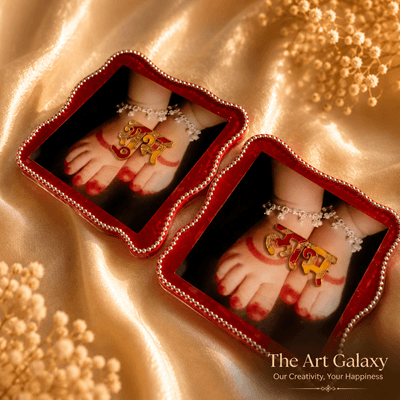 Kids and baby shoes and footprint preservation Baby footprint preserved in resin with shubh labh motif as a family keepsake