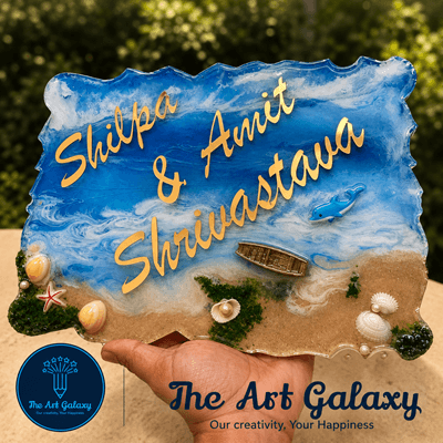 Table top and office resin nameplate Compact handheld resin table-top nameplate with ocean-themed pour and gold lettering
