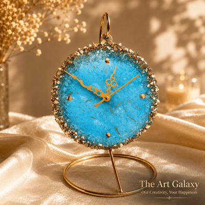 Resin table standing clock, handmade Handmade resin table standing clock with swirled gold and white pour finish