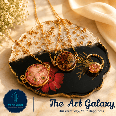 Handmade resin jewellery collection Collection of handmade resin jewellery pieces with real preserved flowers