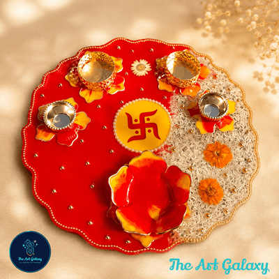 Handmade resin pooja thali Handmade resin pooja thali with floral inlay and gold rim for daily worship