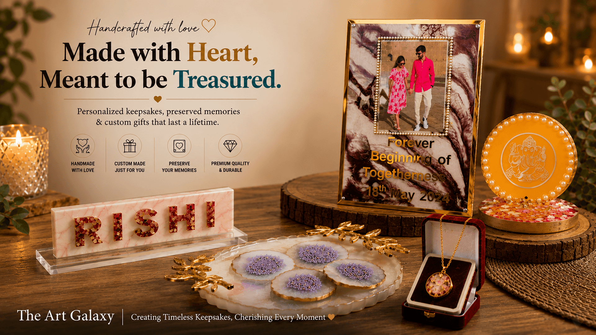 Handmade resin keepsakes by The Art Galaxy, Jabalpur Handmade resin nameplate, coaster tray and preserved rose pendant displayed on a wooden table