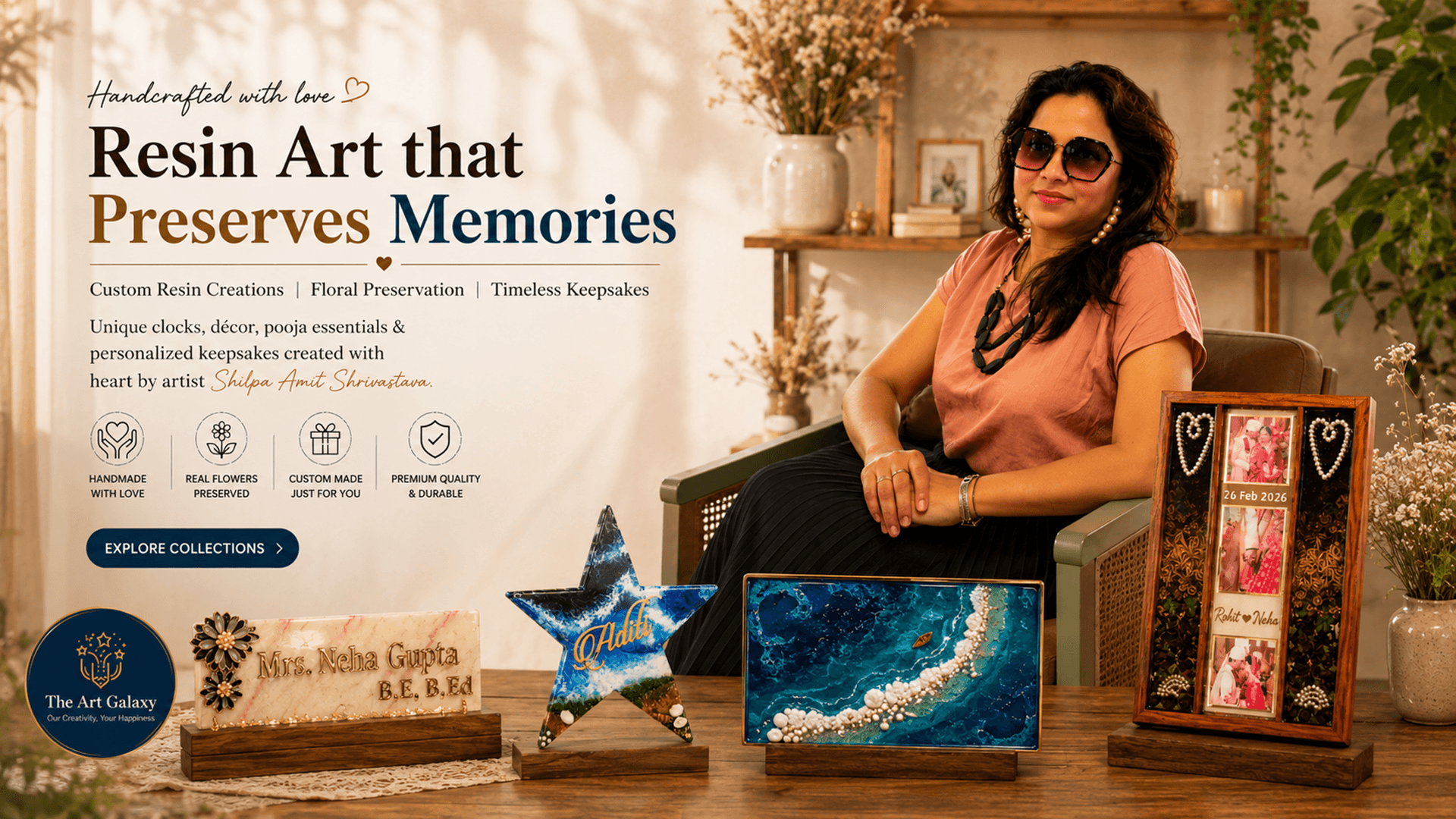 Resin artist Shilpa Amit Shrivastava with handmade resin keepsakes Resin artist Shilpa Amit Shrivastava seated beside handmade resin nameplates and wedding frames