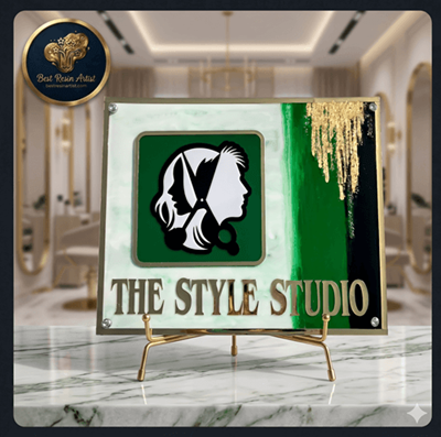Brand nameplate with logo in resin Custom resin brand display board with business logo for a salon and parlour