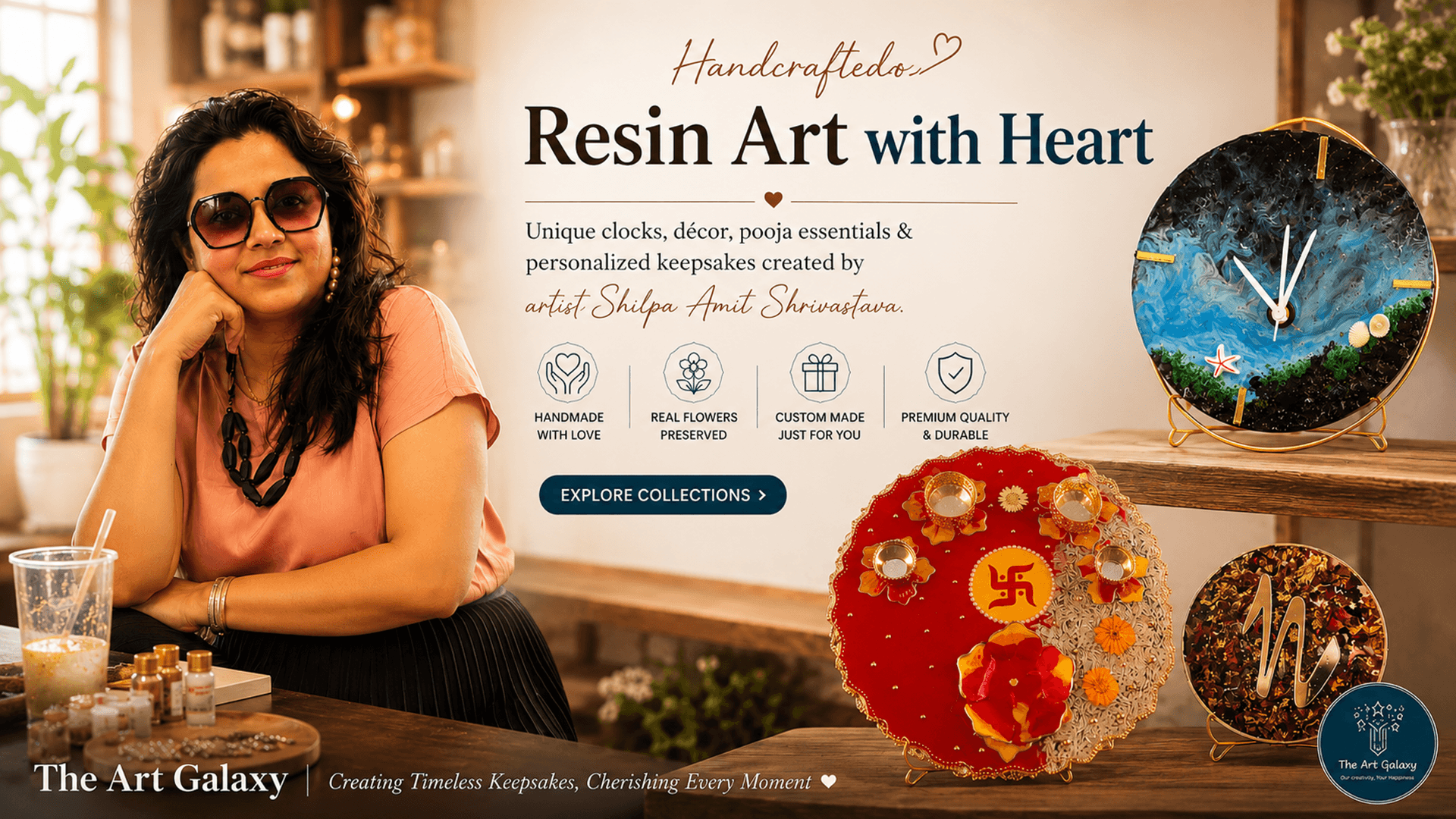 The Art Galaxy studio display of custom resin creations The Art Galaxy studio display of custom resin clocks, frames and preserved flower keepsakes